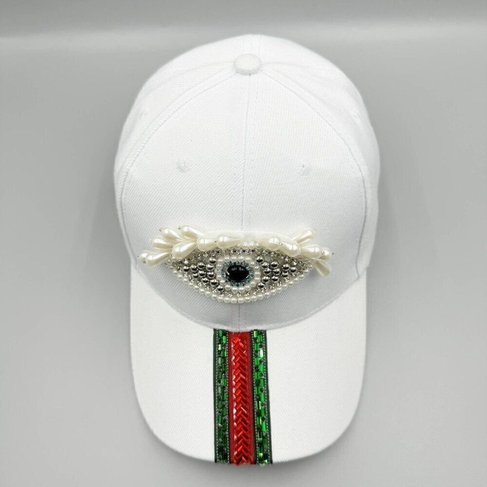 Evil Eye Pearl Rhinestone Striped Baseball Cap - Picture 6 of 7